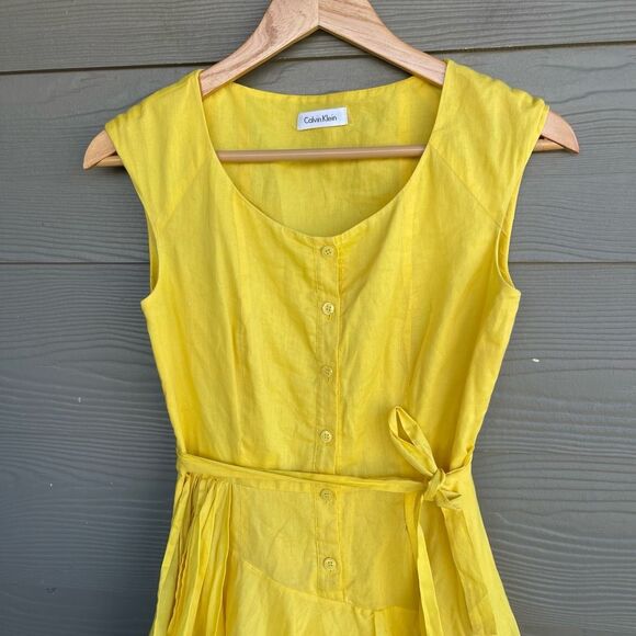 Calvin Klein yellow 100% cotton fit and flare belted dress-fits like size small - Picture 2 of 4